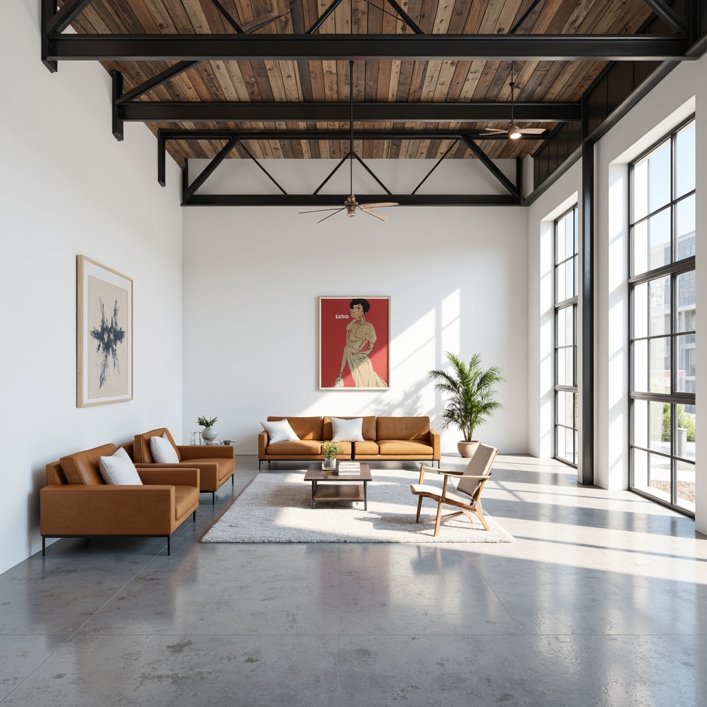 Prompt: Simple white walls, clean lines, minimal ornamentation, functional furniture, industrial materials, steel beams, concrete floors, large windows, natural light, open spaces, geometric shapes, primary color accents, bold typography, abstract artwork, sparse decor, empty space, dramatic shadows, high contrast lighting, 1/1 composition, symmetrical framing, realistic textures, subtle ambient occlusion.