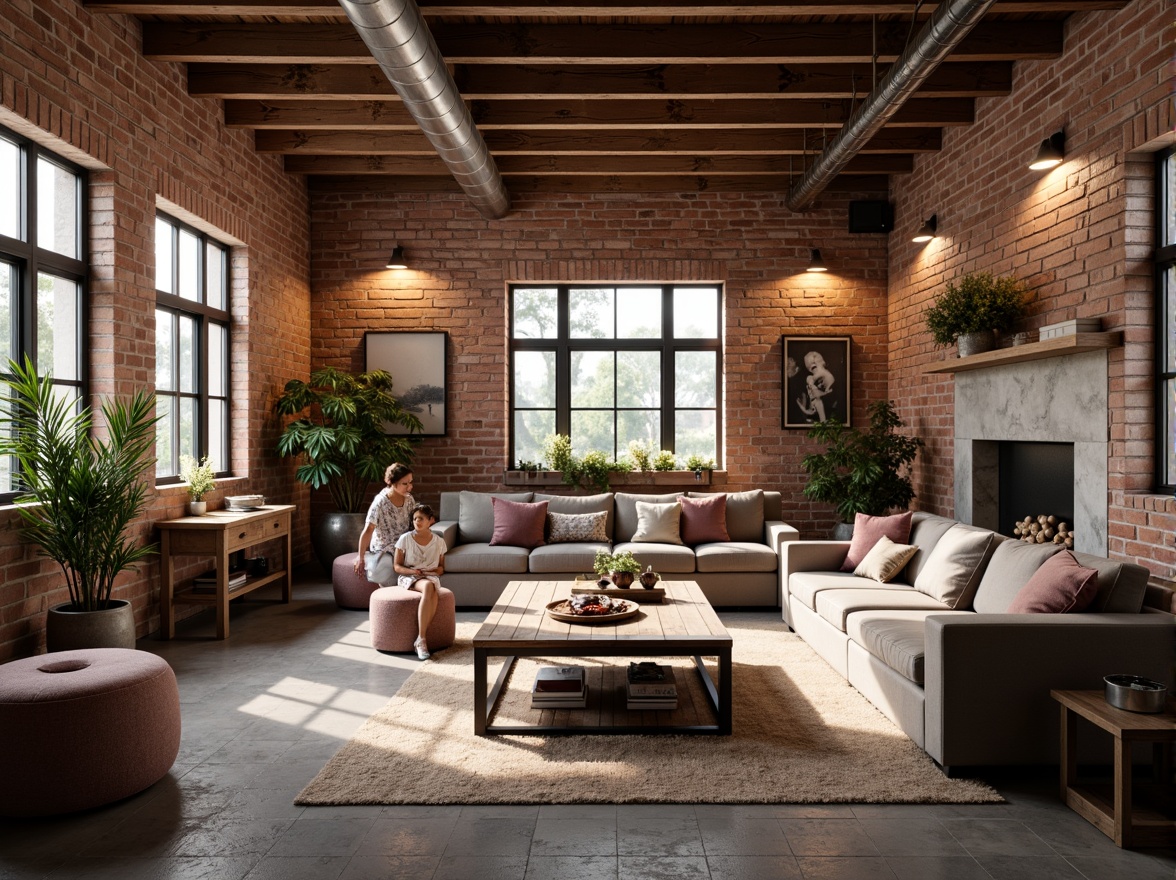 Prompt: Warm industrial loft, exposed brick walls, wooden beams, metal accents, soft warm lighting, cozy atmosphere, rich textiles, plush furnishings, vintage decorative items, distressed finishes, earthy tone color scheme, muted pastels, blush pinks, mauve, sage greens, creamy whites, warm beiges, rustic wood tones, natural stone floors, industrial chic decor, romantic ambiance, intimate setting, soft focus, shallow depth of field, 1/1 composition, realistic textures, ambient occlusion.