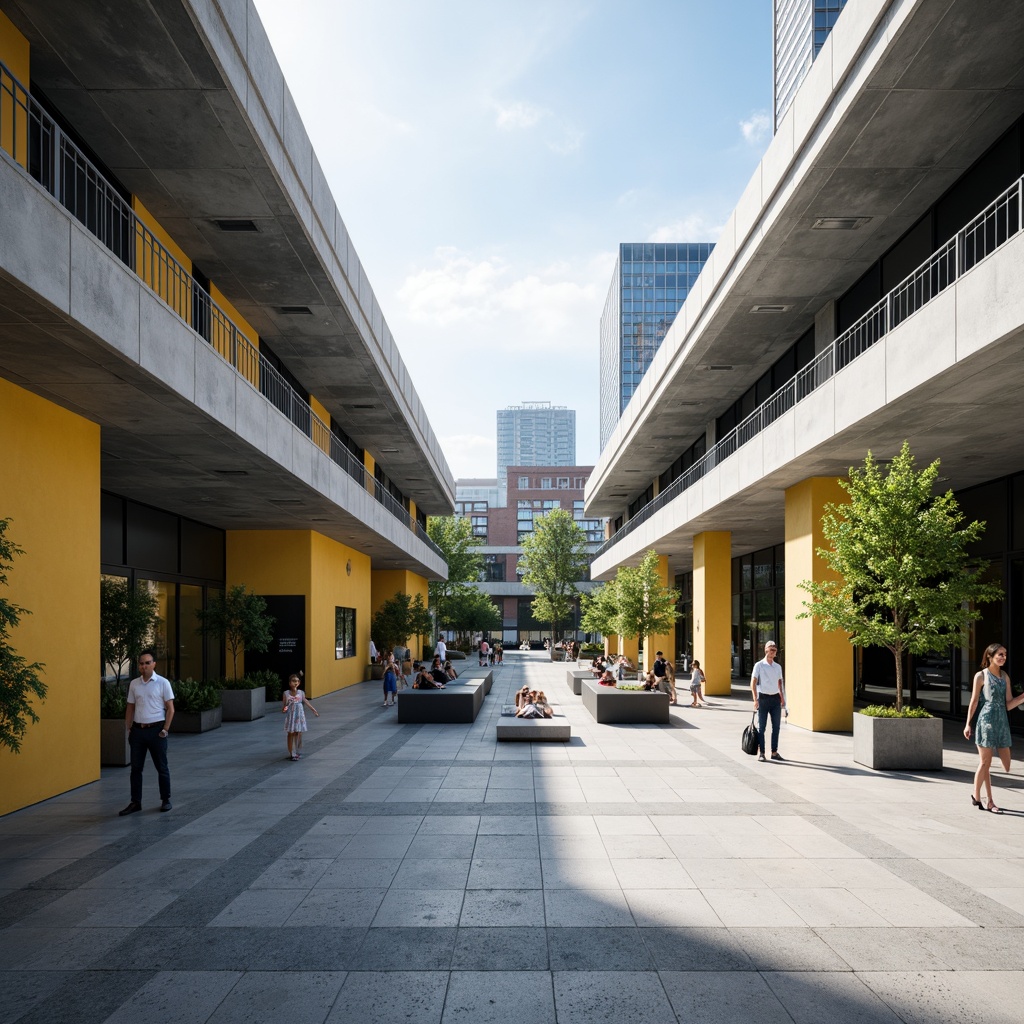 Prompt: Minimalist open plaza, clean lines, rectangular shapes, industrial materials, exposed ductwork, functional simplicity, bold typography, primary color accents, geometric patterns, urban landscape, modern cityscape, sunny day, high contrast lighting, deep depth of field, 1/1 composition, symmetrical framing, abstract textures, ambient occlusion.