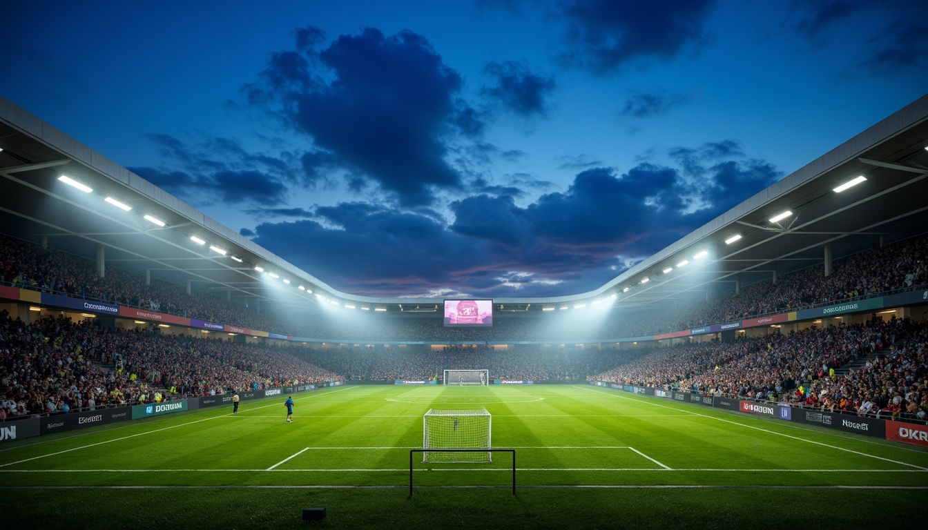 Prompt: Floodlit soccer stadium, vibrant green grass, evening atmosphere, dramatic shadows, high-intensity LED lights, uniform illumination, 3000K warm white tone, glare-free lighting, spectator seating areas, player tunnels, goalposts, scoreboards, giant video screens, dynamic light shows, pre-game entertainment, halftime performances, nighttime events, atmospheric fog effects, misty ambiance, shallow depth of field, 1/2 composition, wide-angle lens, realistic textures, ambient occlusion.