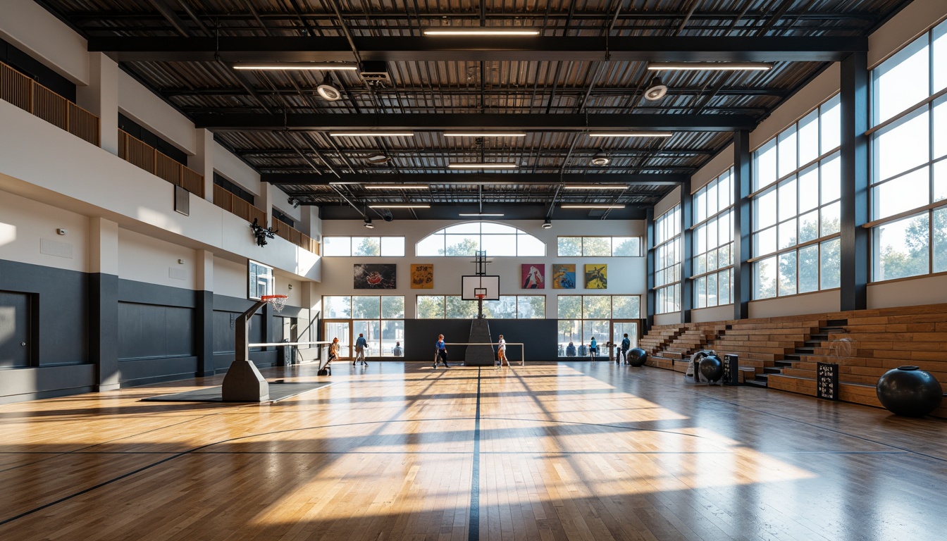 Prompt: Modern gymnasium interior, exposed structural frame, sleek steel beams, minimalist columns, polished concrete floors, industrial-style lighting, large windows, natural ventilation, open spaces, athletic equipment, basketball hoops, volleyball nets, exercise machines, wooden bleachers, dynamic color scheme, bold typography, geometric patterns, urban atmosphere, high ceilings, abundant natural light, shallow depth of field, 1/1 composition, realistic textures, ambient occlusion.