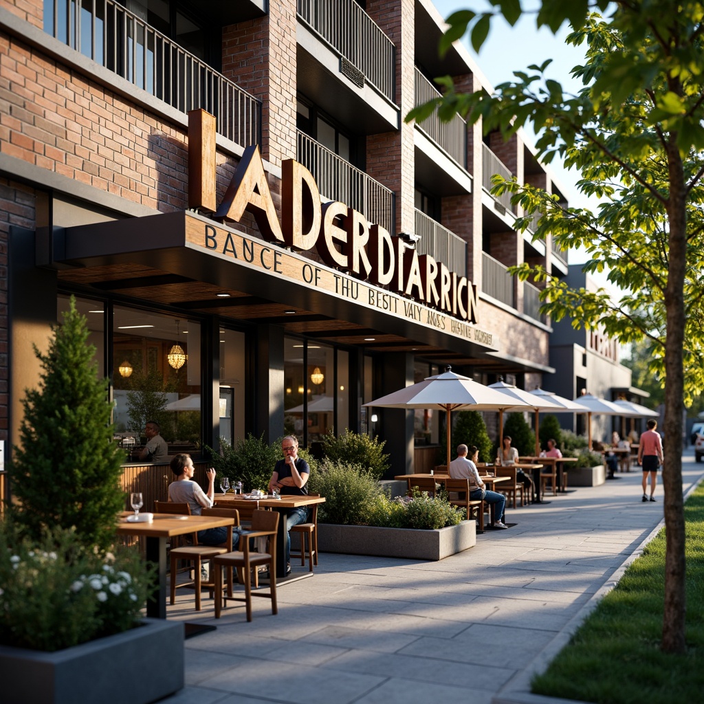 Prompt: Vibrant restaurant facade, eclectic signage, rustic wooden accents, industrial metal beams, reclaimed brick walls, modern glass doors, lively outdoor seating, umbrella tables, lantern lighting, lush greenery, natural stone pathways, bustling street scene, warm afternoon sunlight, shallow depth of field, 1/1 composition, realistic textures, ambient occlusion.