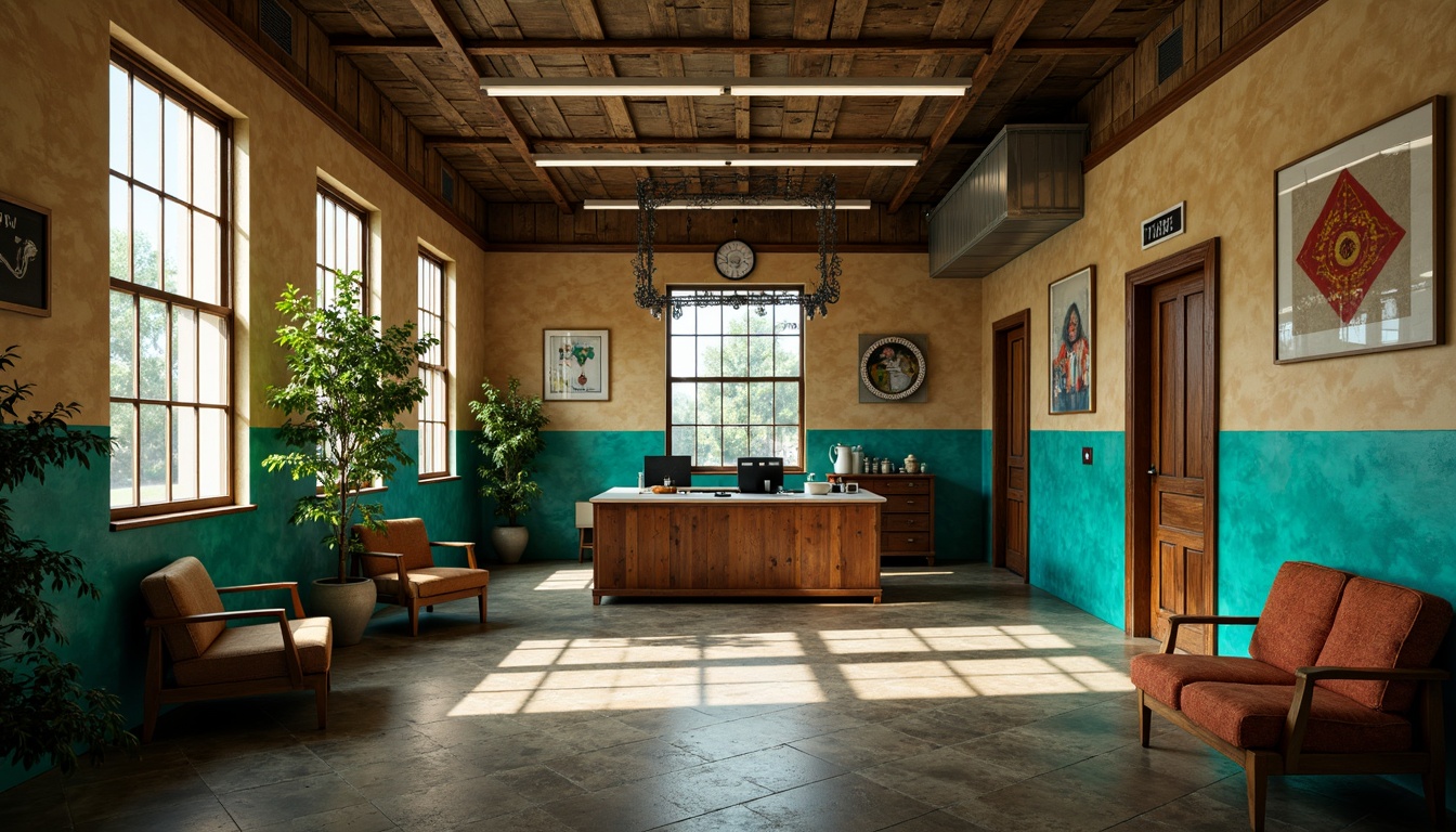 Prompt: Vibrant clinic, bold turquoise accents, warm beige walls, rich wood tones, eclectic art pieces, ornate metal fixtures, distressed finishes, abstract patterns, moody lighting, dramatic shadows, cinematic composition, 1/2 camera angle, high contrast ratio, gritty textures, ambient occlusion.