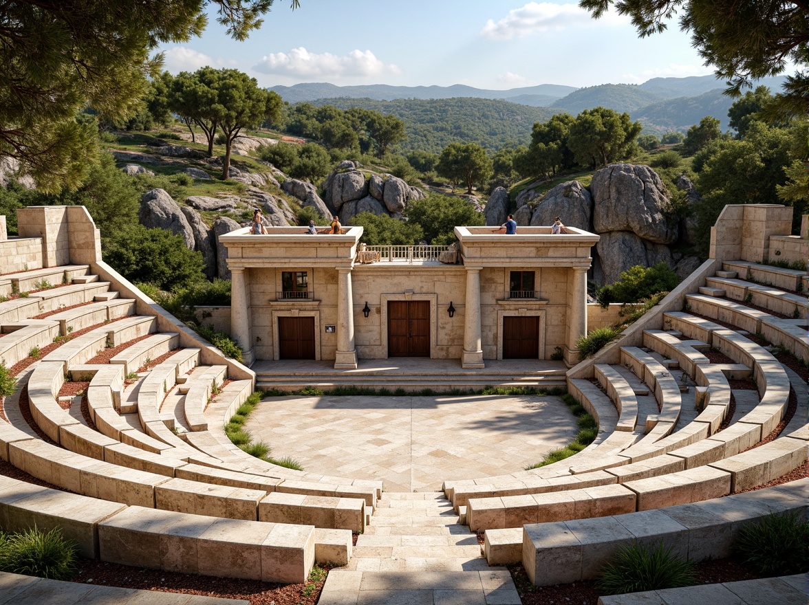 Prompt: Ancient Greek amphitheater, rustic stone seating, weathered wooden benches, natural rock formations, lush greenery surroundings, Mediterranean landscape, warm sunny day, soft diffused lighting, shallow depth of field, 3/4 composition, panoramic view, realistic textures, ambient occlusion, rough-hewn stone walls, ornate marble columns, intricate mosaic patterns, vibrant colorful textiles, comfortable cushioning, ergonomic seating design.