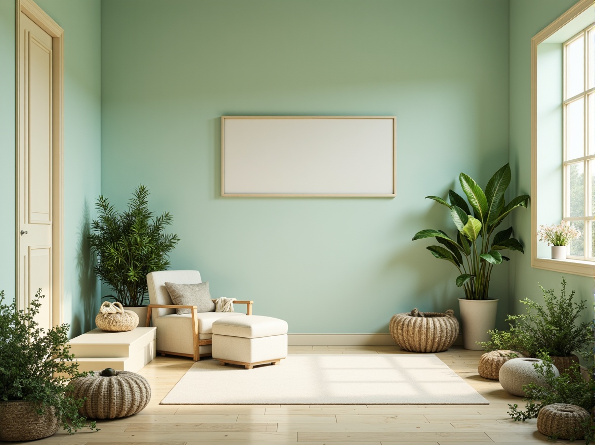 Prompt: Pastel mint walls, soft creamy trim, warm beige floors, natural wood accents, minimalist decor, calming atmosphere, abundant greenery, lush plants, delicate florals, subtle texture overlays, gentle gradient transitions, softbox lighting, shallow depth of field, 1/1 composition, realistic renderings, ambient occlusion.