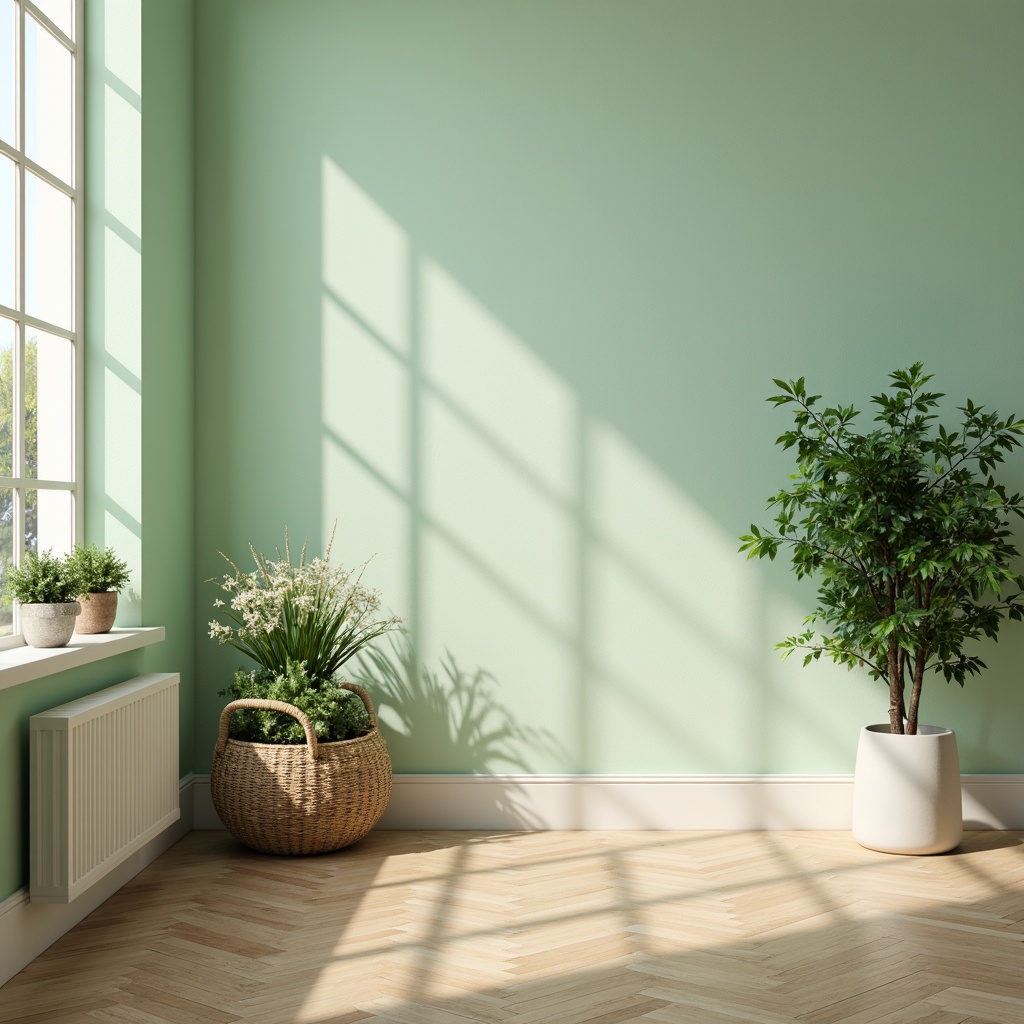 Prompt: Pastel mint walls, soft creamy trim, warm beige floors, natural wood accents, minimalist decor, calming atmosphere, abundant greenery, lush plants, delicate florals, subtle texture overlays, gentle gradient transitions, softbox lighting, shallow depth of field, 1/1 composition, realistic renderings, ambient occlusion.