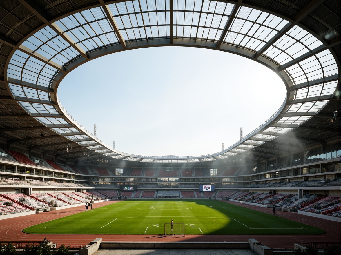 Prompt: Large sports stadium, retractable roof, transparent glass panels, natural light pouring in, vibrant green grass, athletic tracks, modern architecture, sleek lines, minimalist design, cantilevered upper decks, open-air concourses, panoramic views, soft warm lighting, shallow depth of field, 3/4 composition, realistic textures, ambient occlusion.