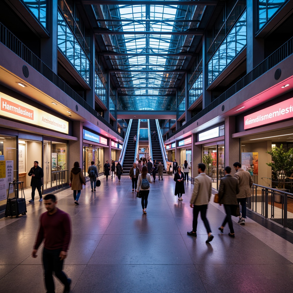 Prompt: Modern urban metro station, sleek steel beams, polished concrete floors, futuristic LED lighting, vibrant color schemes, dynamic signage, bustling pedestrian traffic, rush hour atmosphere, warm and inviting ambiance, soft indirect lighting, high ceilings, grand staircases, escalators, glass railings, metallic accents, urban cityscape views, evening commute, artificial light reflections, shallow depth of field, 1/2 composition, realistic textures, ambient occlusion.