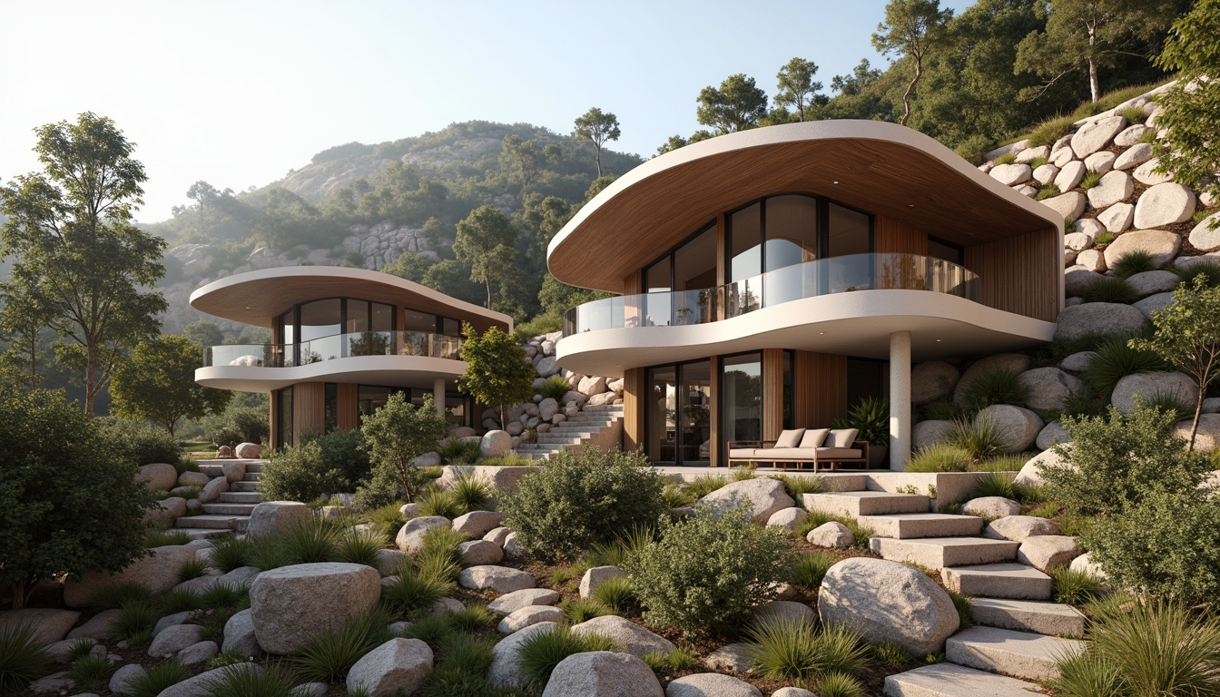 Prompt: Rustic hillside, natural stone walls, earthy tones, blending with surroundings, curved lines, organic forms, cantilevered roofs, large overhangs, wooden accents, green roofs, solar panels, rainwater harvesting systems, recycled materials, minimalist interior design, open floor plans, clerestory windows, soft diffused lighting, 1/1 composition, atmospheric perspective, realistic textures, ambient occlusion.