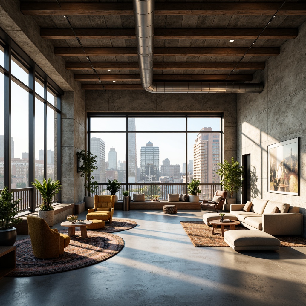 Prompt: Airy loft interior, exposed ductwork, industrial chic decor, polished concrete floors, minimalist furniture, floor-to-ceiling windows, natural light pouring in, urban cityscape views, steel beams, reclaimed wood accents, modern art pieces, eclectic textiles, cozy reading nooks, flexible open layout, functional zones, flowing curves, organic shapes, futuristic ambiance, soft warm lighting, shallow depth of field, 1/1 composition, panoramic view, realistic textures, ambient occlusion.