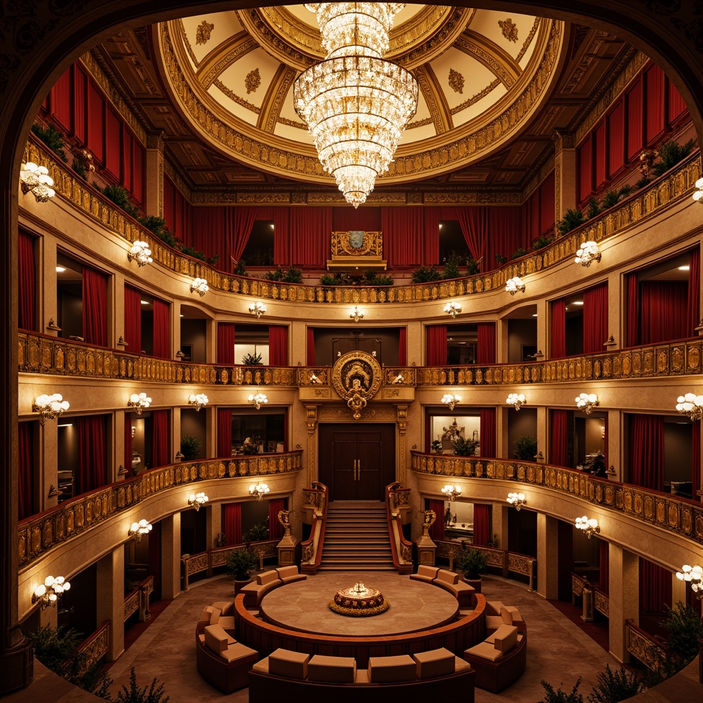 Prompt: Grand opera house, ornate details, lavish chandeliers, red velvet curtains, gilded balconies, marble floors, intricate moldings, Baroque-inspired architecture, sweeping staircases, majestic high ceilings, crystal sconces, luxurious textiles, rich wood tones, dramatic spotlights, warm golden lighting, shallow depth of field, 1/2 composition, symmetrical framing, realistic reflections, ambient occlusion.