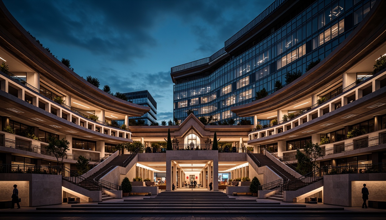 Prompt: Tiered seating, curved architecture, grandstand design, ornate facades, monumental entrance, sweeping staircases, cantilevered roofs, reinforced concrete structures, steel beam frameworks, suspended catwalks, dramatic spotlights, warm ambient lighting, evening atmosphere, 1/2 composition, low-angle shot, realistic textures, detailed normal maps.