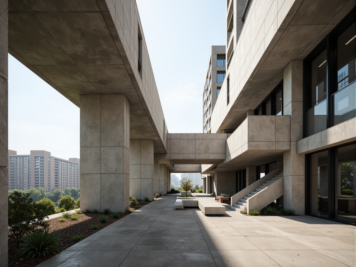 Prompt: Exposed concrete structures, industrial chic aesthetic, raw unfinished materials, brutalist architecture, functional simplicity, minimalist ornamentation, honest expression of function, clean lines, rectangular forms, cantilevered roofs, large windows, natural light, urban landscape, cityscape views, modern metropolitan feel, neutral color palette, subtle textures, 1/1 composition, high contrast lighting, dramatic shadows, realistic renderings.