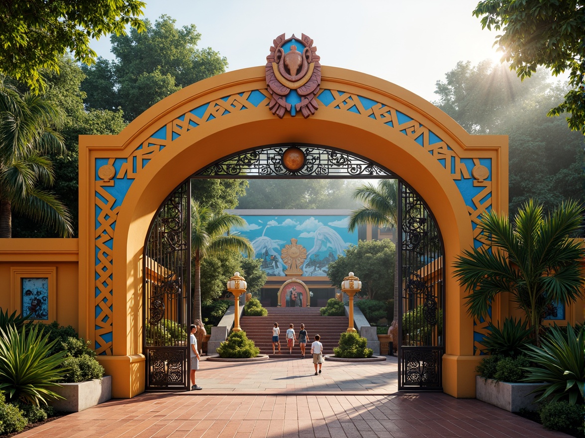 Prompt: Vibrant zoo entrance, ornate iron gates, lush tropical gardens, exotic animal habitats, Art Deco inspired architecture, geometric patterns, bold colorful murals, intricate mosaics, curved lines, luxurious materials, grand staircases, elegant fountains, natural stone walls, rustic wooden bridges, misty morning atmosphere, warm golden lighting, shallow depth of field, 1/1 composition, realistic textures, ambient occlusion.