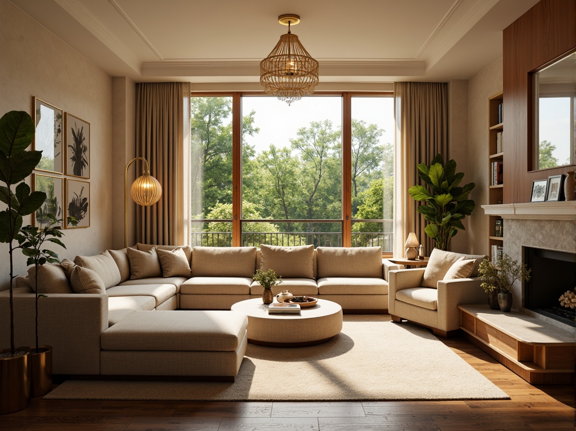 Prompt: Cozy living room, plush sofas, warm beige walls, rich wood flooring, soft golden lighting, comfortable throw pillows, modern minimalist decor, large windows, natural daylight, lush greenery views, elegant chandeliers, sophisticated color palette, calming atmosphere, shallow depth of field, 1/1 composition, realistic textures, ambient occlusion.