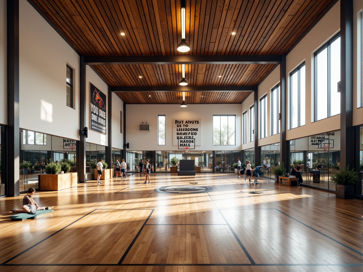 Prompt: Modern gymnasium interior, high ceilings, polished wooden floors, mirrored walls, professional sports equipment, basketball hoops, volleyball nets, athletic tracks, exercise machines, free weights, yoga mats, motivational quotes, natural light, soft warm lighting, shallow depth of field, 3/4 composition, panoramic view, realistic textures, ambient occlusion.