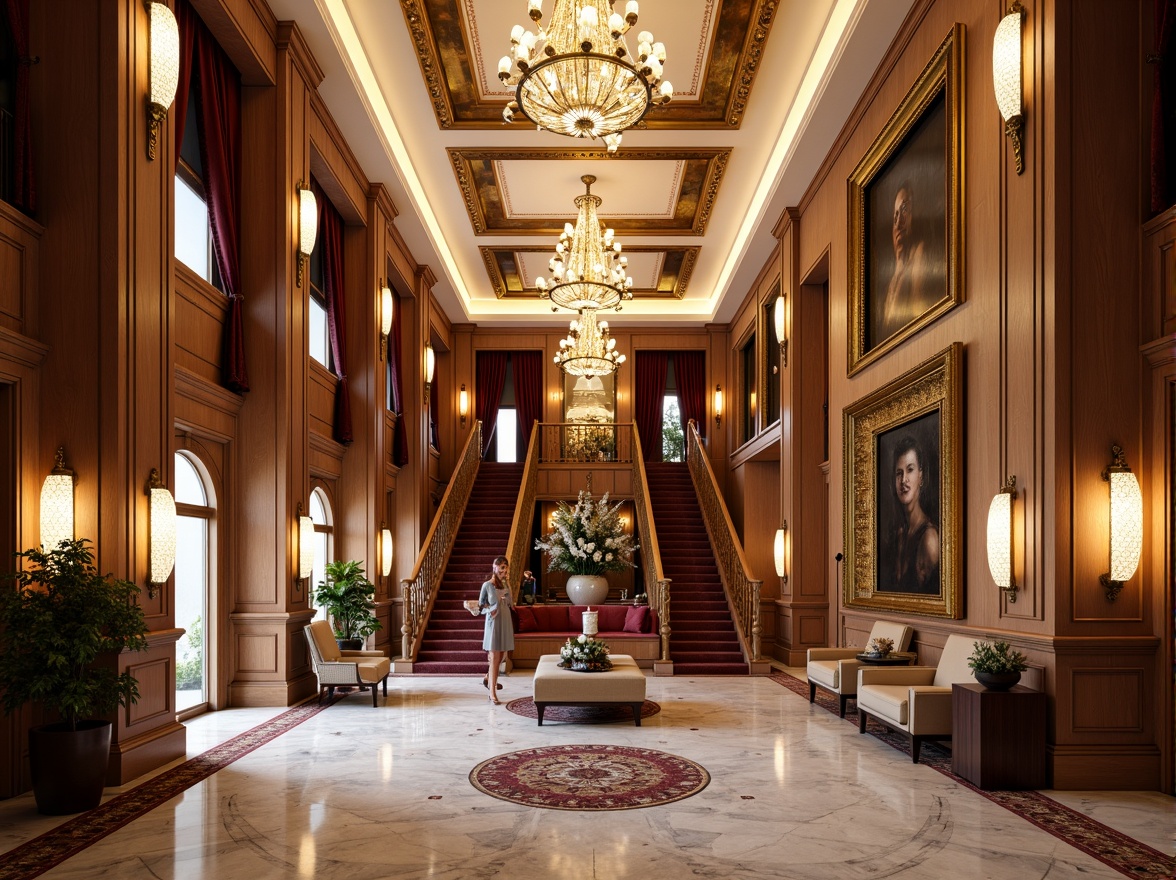 Prompt: Luxurious hotel lobby, marble floors, ornate chandeliers, grand staircase, velvet drapes, rich wood paneling, gilded frames, intricate moldings, crystal sconces, plush carpets, elegant furnishings, neoclassical architecture, symmetrical facade, Corinthian columns, arched windows, rusticated stone walls, warm golden lighting, soft focus, shallow depth of field, 2/3 composition, realistic textures, ambient occlusion.