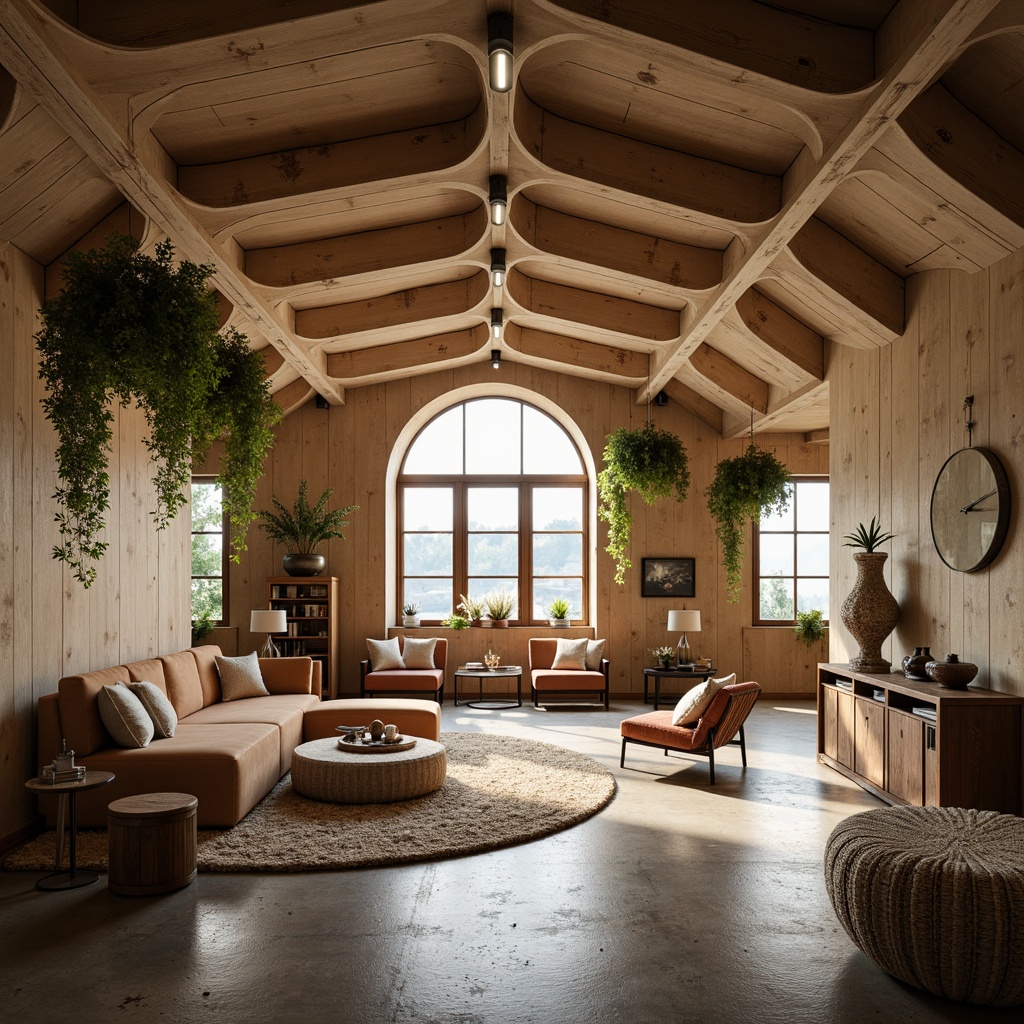 Prompt: Curved loft space, organic blob-like structures, natural wood accents, earthy color palette, soft warm lighting, cozy atmosphere, plush furnishings, rounded edges, irregular shapes, free-flowing curves, minimalist decor, industrial chic elements, exposed ductwork, polished concrete floors, reclaimed wood beams, lush greenery, hanging plants, airy open spaces, 1/1 composition, shallow depth of field, realistic textures, ambient occlusion.