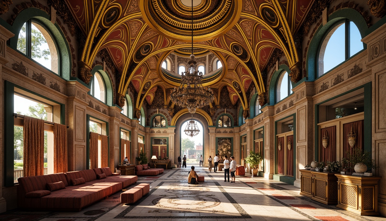 Prompt: Intricate mosaics, golden domes, ornate archways, lavish furnishings, rich textiles, vibrant colors, marble floors, grand chandeliers, high ceilings, ornate columns, intricate carvings, luxurious materials, Byzantine-inspired patterns, regal atmosphere, dramatic lighting, shallow depth of field, 1/1 composition, realistic textures, ambient occlusion.