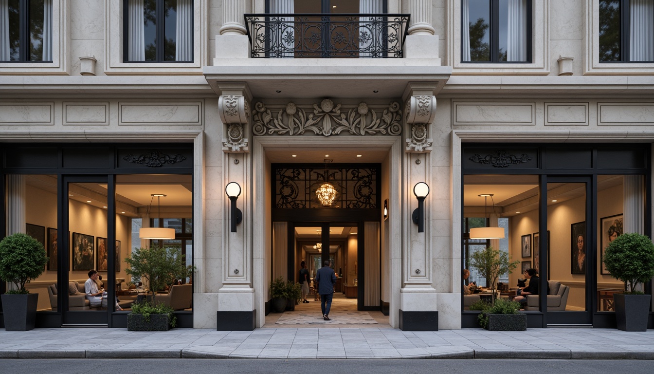 Prompt: Elegant building facade, ornate details, symmetrical composition, grand entrance, marble columns, intricately carved stonework, large windows, reflective glass surfaces, subtle color palette, neutral tones, modern minimalist aesthetic, clean lines, geometric patterns, ambient lighting, soft warm glow, shallow depth of field, 1/1 composition, realistic textures, high-contrast rendering.