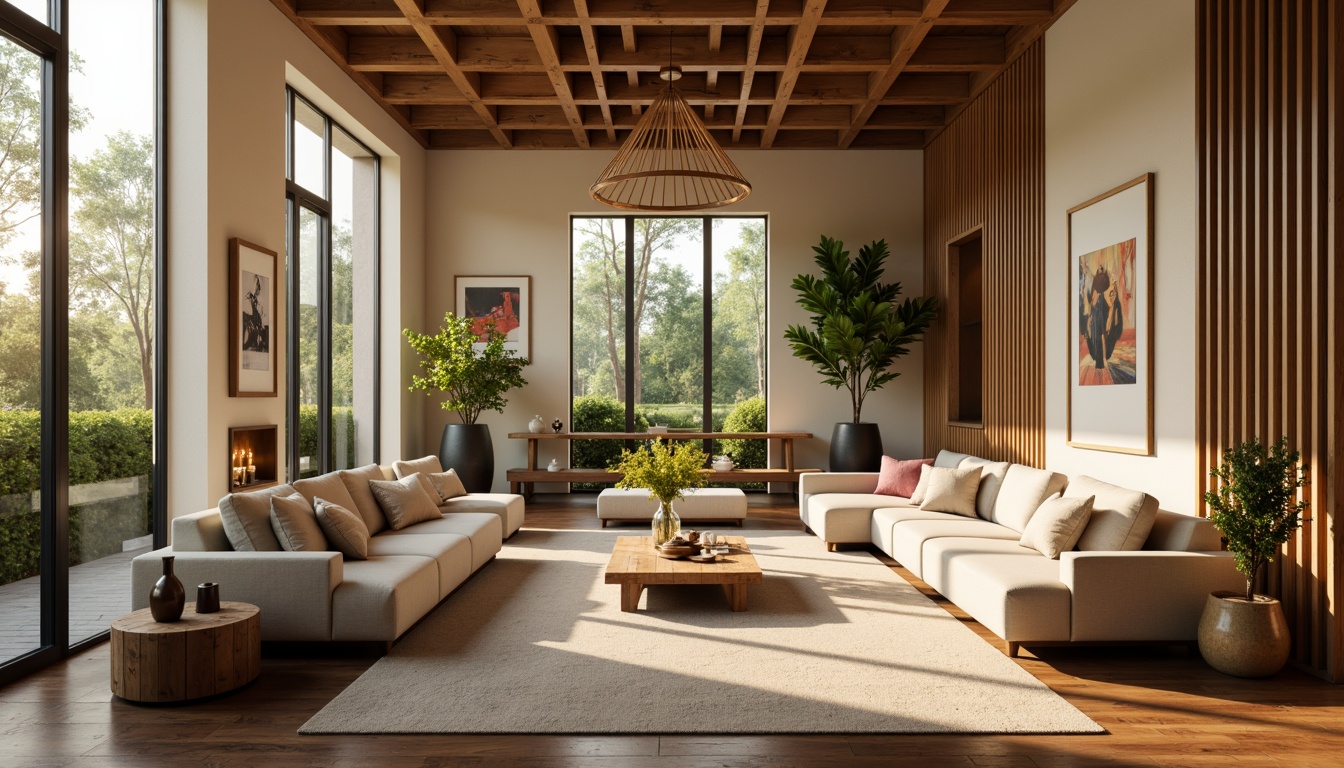 Prompt: Cozy living room, plush sofas, warm beige walls, rich wood flooring, soft golden lighting, comfortable throw pillows, modern minimalist decor, large windows, natural daylight, lush greenery views, elegant chandeliers, sophisticated color palette, calming atmosphere, shallow depth of field, 1/1 composition, realistic textures, ambient occlusion.