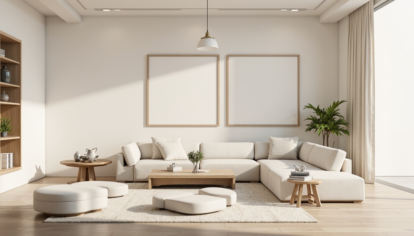 Prompt: Monochromatic color scheme, soft pastel hues, creamy whites, gentle grays, subtle beige tones, natural wood textures, sleek metal accents, minimalist decor, simple shapes, clean lines, empty spaces, plenty of negative space, warm ambient lighting, shallow depth of field, 1/1 composition, realistic renderings, subtle atmospheric effects.