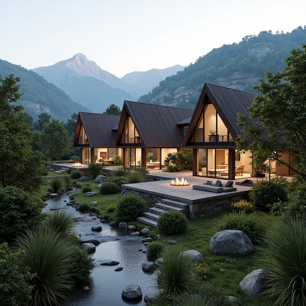 Prompt: Mountainous backdrop, rolling hills, lush green forests, meandering streams, rustic stone walls, modern housing structures, angular rooflines, large windows, sliding glass doors, wooden decks, outdoor living spaces, natural ventilation systems, energy-efficient designs, sustainable building materials, organic forms, curved lines, minimalist aesthetics, warm earthy tones, soft diffused lighting, shallow depth of field, 2/3 composition, panoramic view, realistic textures, ambient occlusion.