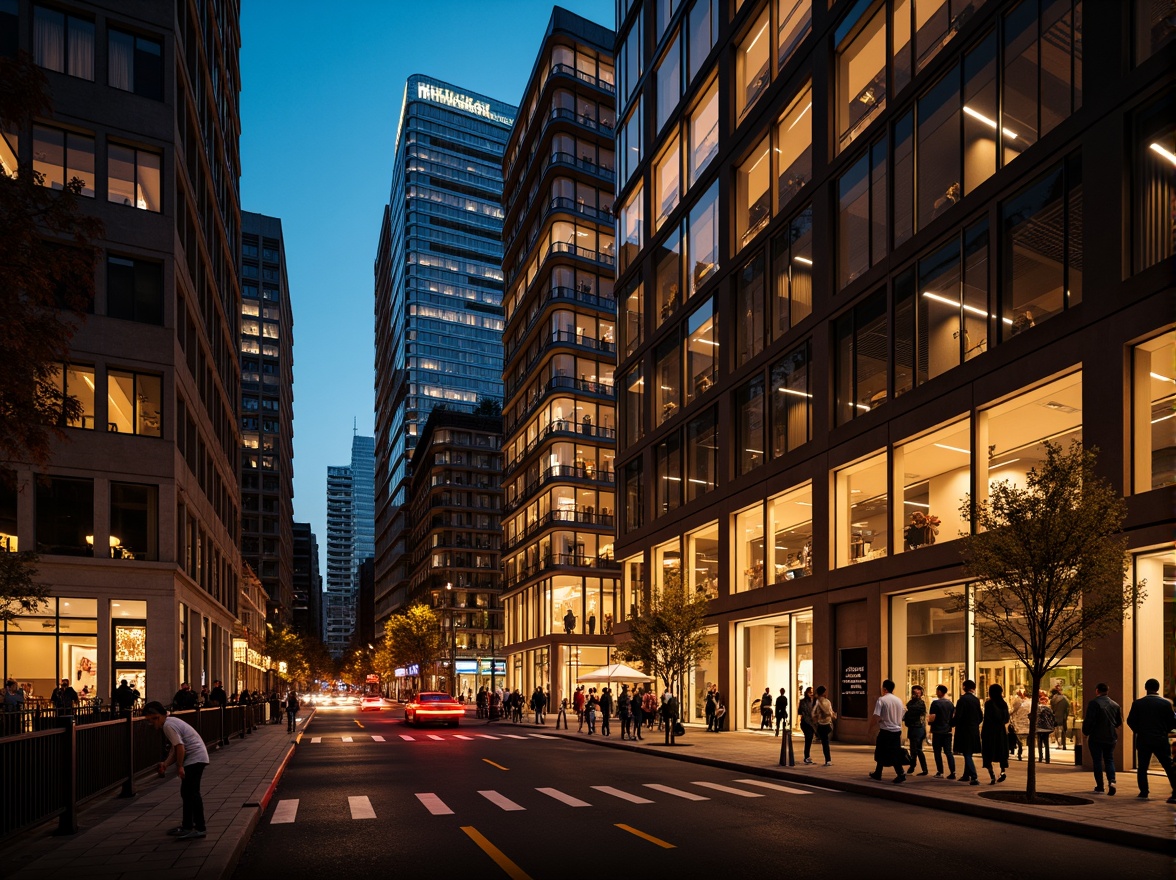 Prompt: Vibrant cityscape, modern skyscrapers, sleek glass facades, warm golden lighting, soft ambient glow, dramatic spotlights, LED strip lights, futuristic neon signs, urban streetscape, bustling nightlife, dynamic shadows, high-contrast illumination, cinematic atmosphere, 1/2 composition, low-angle shot, realistic reflections, detailed textures.