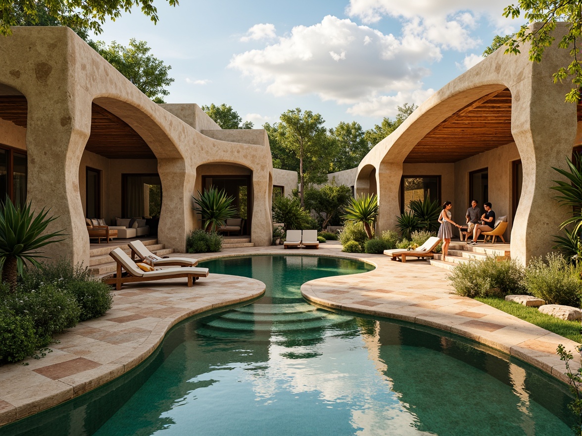 Prompt: Earthy villa, organic curves, natural stone walls, wooden accents, lush green roofs, vibrant turquoise pools, warm beige stucco, rustic terracotta tiles, soft sage landscaping, whimsical water features, meandering pathways, eclectic furniture, bohemian textiles, warm golden lighting, shallow depth of field, 1/1 composition, intimate atmosphere, realistic textures, ambient occlusion.