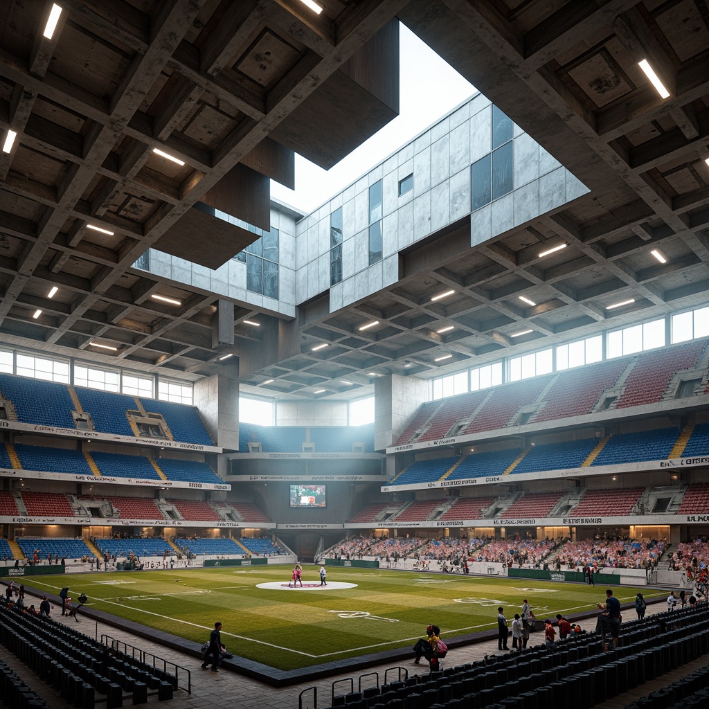 Prompt: Deconstructed soccer stadium interior, fragmented seating areas, irregularly shaped concession stands, distressed concrete walls, exposed ductwork, industrial-style lighting fixtures, reclaimed wood accents, abstract art installations, dynamic angular lines, asymmetrical compositions, bold color schemes, futuristic digital displays, immersive audio systems, atmospheric misting effects, 3/4 composition, shallow depth of field, realistic textures, ambient occlusion.