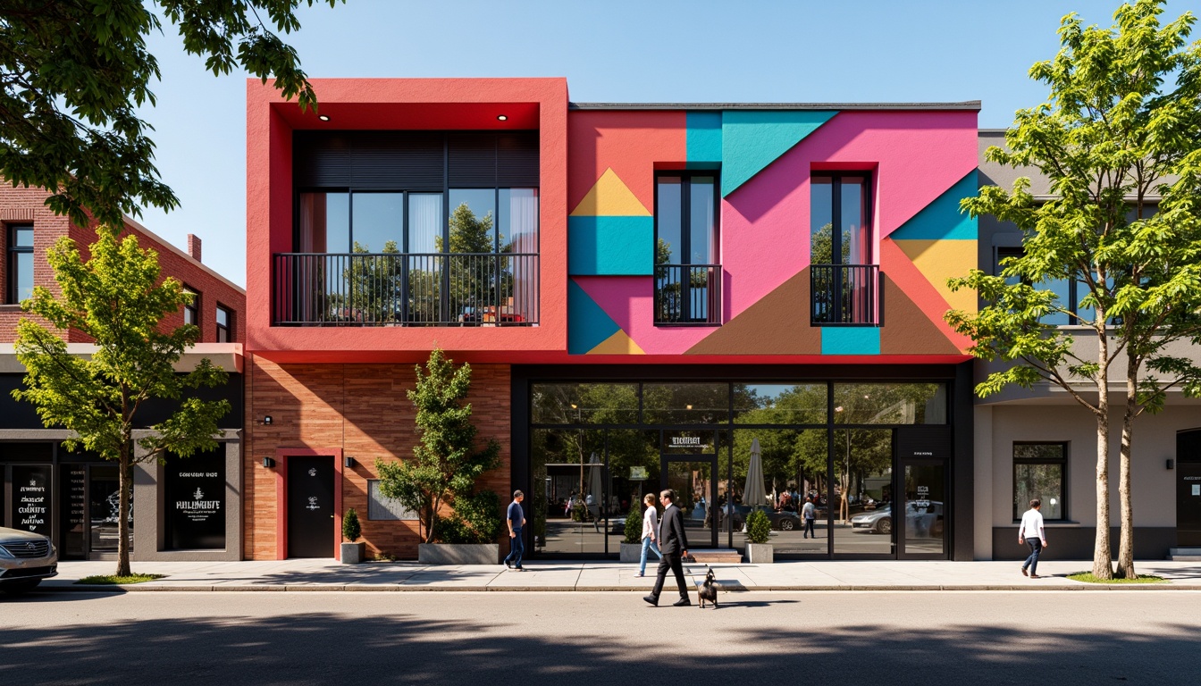 Prompt: Vibrant storefront, expressive asymmetrical facade, bold geometric shapes, bright primary colors, abstract patterns, dynamic angular lines, irregular forms, eclectic mix of materials, industrial metal accents, reclaimed wood textures, urban cityscape, bustling streets, pedestrian traffic, morning sunlight, high-contrast shadows, dramatic spotlighting, 1/2 composition, low-angle shot, gritty realistic rendering.