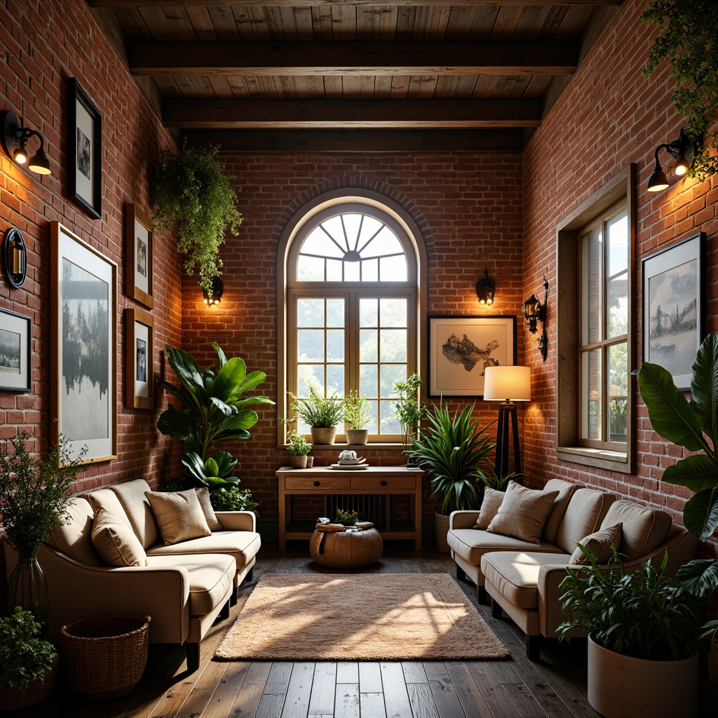 Prompt: Exposed brick walls, industrial metal beams, reclaimed wood accents, vintage decorative elements, soft warm lighting, cozy intimate atmosphere, romantic ambiance, eclectic mix of antique and modern furniture, lush greenery, potted plants, natural textiles, earthy color palette, distressed finishes, ornate metalwork, grand windows, arched doorways, rustic wooden floors, plush area rugs, dramatic ceiling heights, atmospheric misting, warm golden lighting, 1/1 composition, shallow depth of field, realistic textures, ambient occlusion.