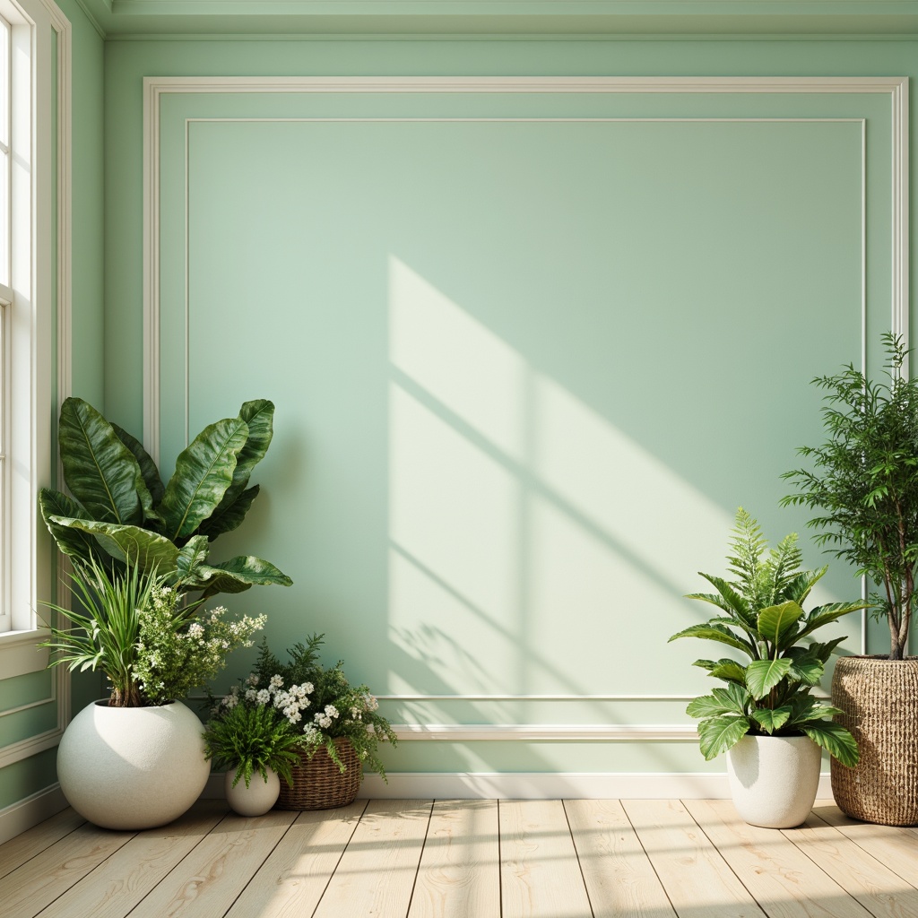 Prompt: Pastel mint walls, soft creamy trim, warm beige floors, natural wood accents, minimalist decor, calming atmosphere, abundant greenery, lush plants, delicate florals, subtle texture overlays, gentle gradient transitions, softbox lighting, shallow depth of field, 1/1 composition, realistic renderings, ambient occlusion.