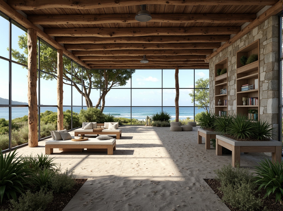 Prompt: Seaside library, driftwood benches, weathered stone walls, coastal vegetation, succulent plants, sandy pathways, ocean views, large windows, natural light, minimalist decor, nautical accents, wooden shelves, book nooks, reading areas, comfortable seating, soft blue lighting, shallow depth of field, 1/1 composition, panoramic view, realistic textures, ambient occlusion.