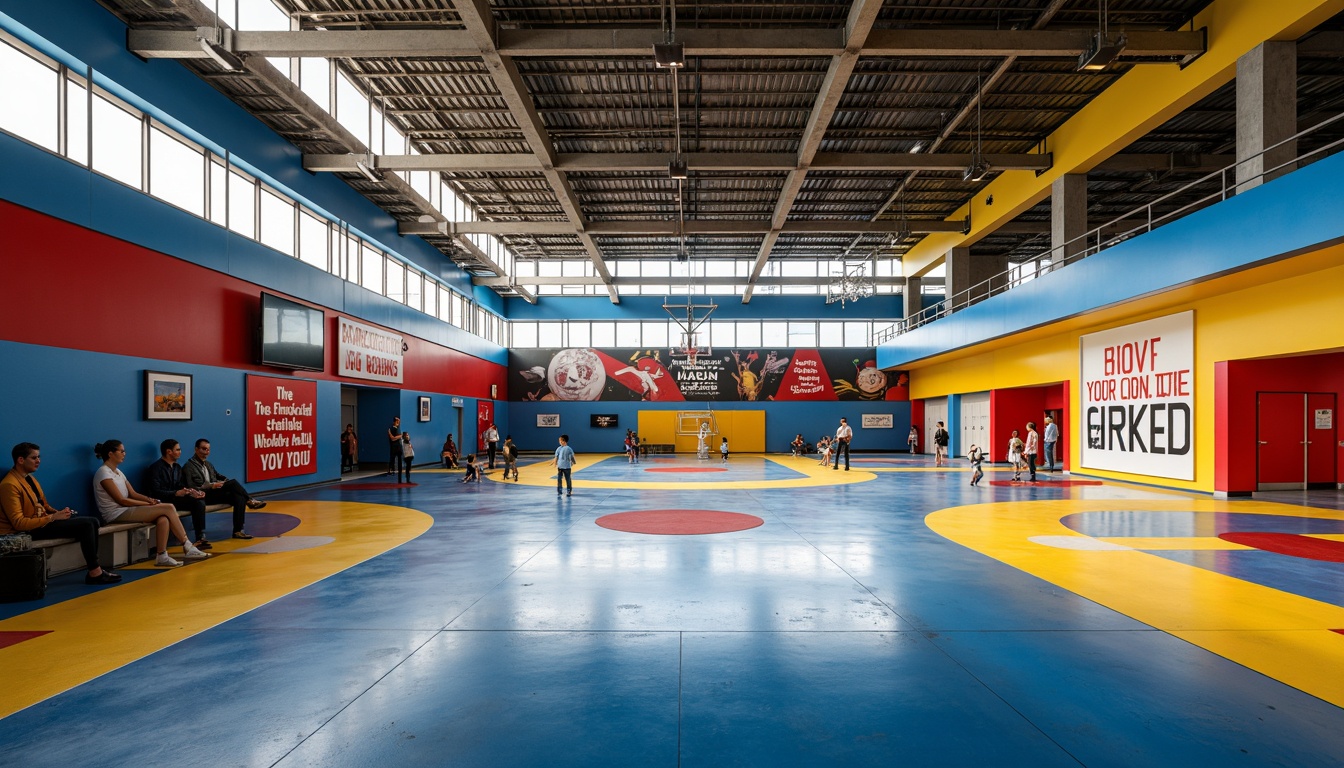 Prompt: Vibrant gymnasium interior, modernist architecture, bold color scheme, bright blue accents, energetic yellow tones, deep red hues, sleek metal beams, polished concrete floors, minimalist decor, industrial chic lighting, geometric patterns, abstract artwork, motivational quotes, athletic equipment displays, trophy cases, dynamic shadows, high-contrast lighting, 1/2 composition, realistic textures, ambient occlusion.