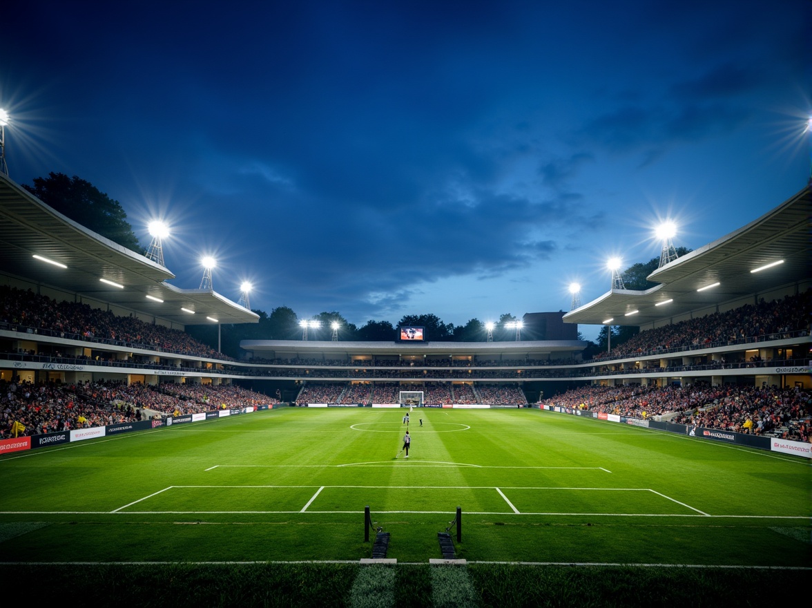 Prompt: Floodlit soccer stadium, evening atmosphere, vibrant green grass, sleek modern architecture, angular lines, cantilevered roofs, grandstand seating, player tunnels, goalposts, referee areas, LED scoreboard displays, dynamic lighting effects, high-intensity floodlights, warm color temperatures, 1/2 composition, low-angle shots, dramatic shadows, realistic textures, ambient occlusion.