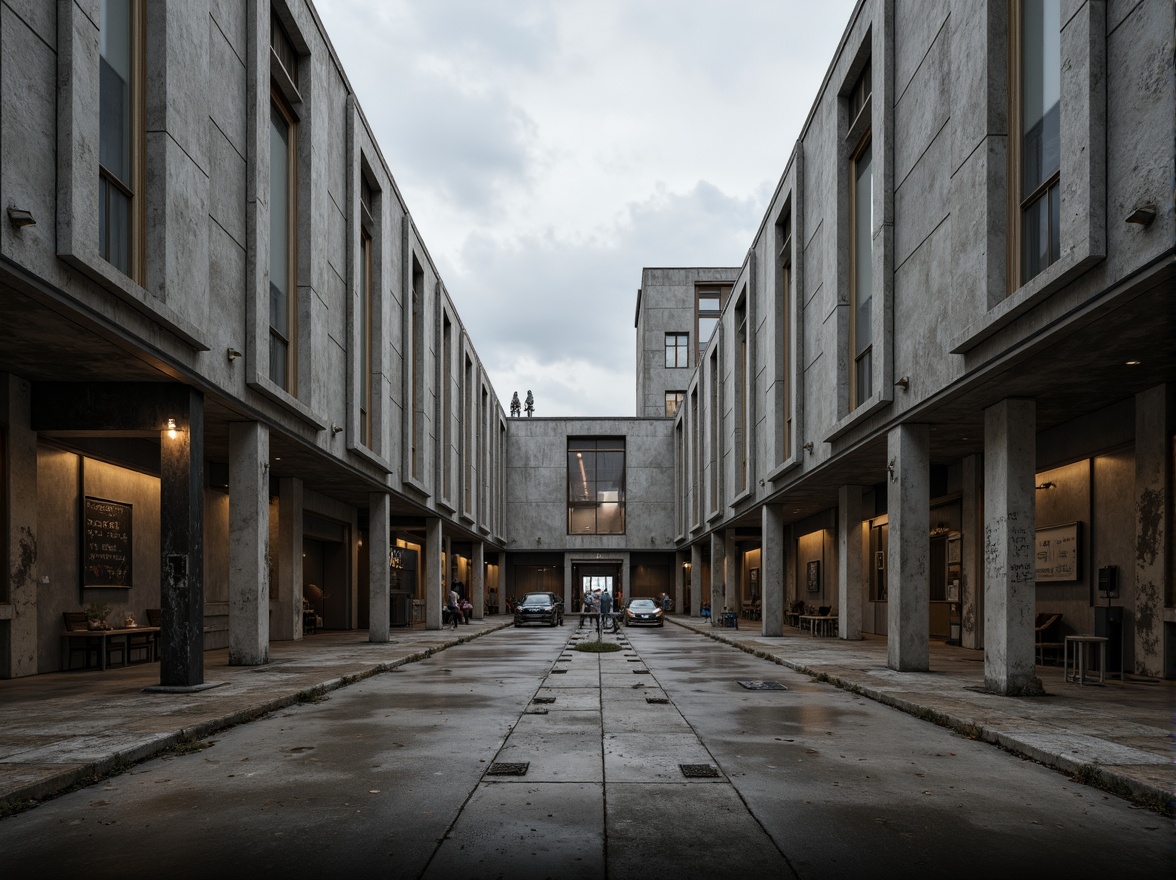 Prompt: Massive concrete forms, brutalist architecture, industrial distribution center, rugged textures, raw concrete walls, exposed ductwork, steel beams, functional minimalism, urban landscape, overcast skies, dramatic shadows, high-contrast lighting, cinematic composition, symmetrical framing, abstract geometric patterns, distressed metal accents, weathered wood tones, utilitarian aesthetic, functional simplicity, imposing scale, monumental presence.