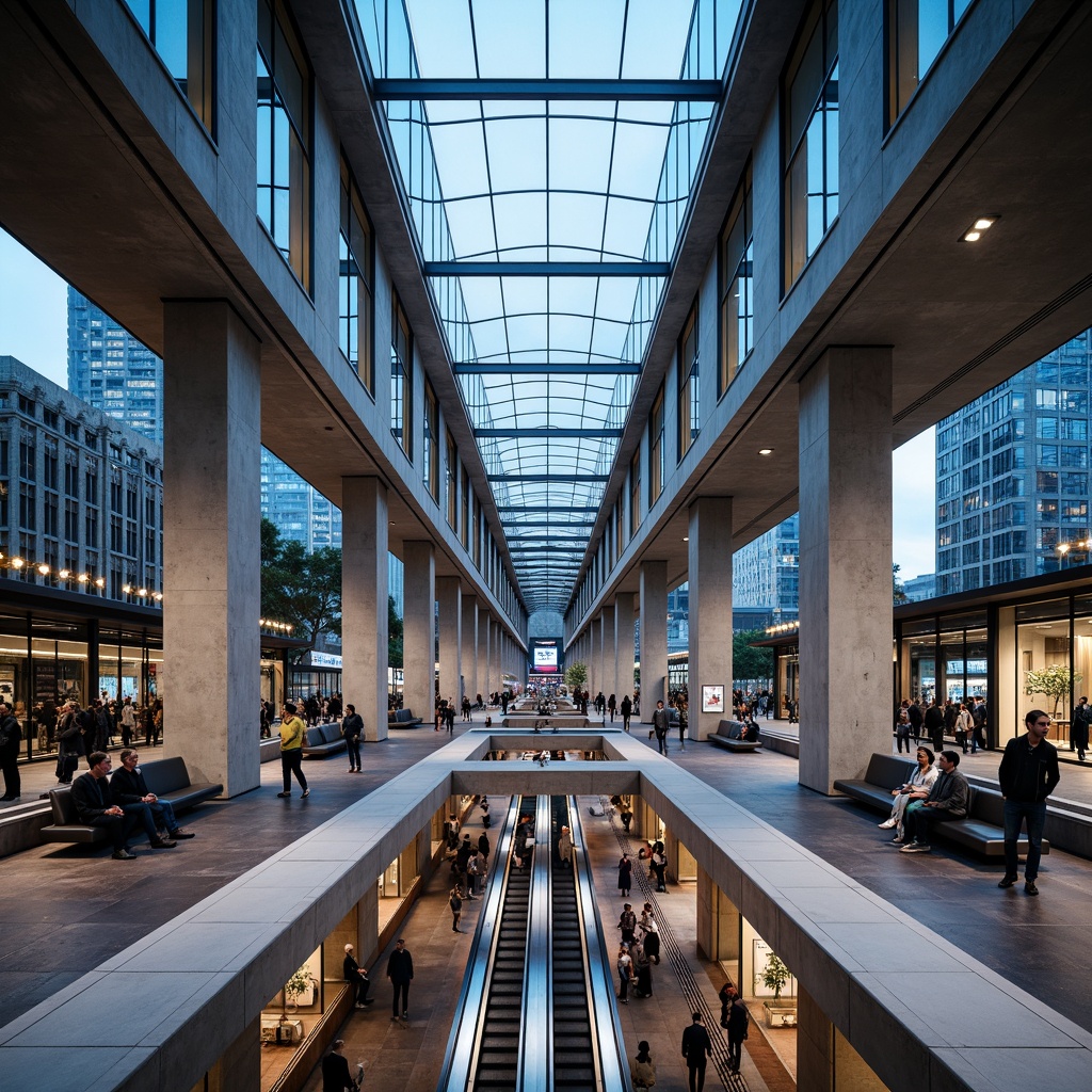 Prompt: Modern metro station, sleek glass roofs, steel beams, concrete columns, futuristic escalators, vibrant LED lighting, urban cityscape, busy pedestrian traffic, rush hour atmosphere, natural stone flooring, metallic accents, geometric patterns, angular lines, minimalist design, efficient passenger flow, clear signage, intuitive wayfinding, comfortable seating areas, ambient occlusion, shallow depth of field, 3/4 composition, panoramic view.