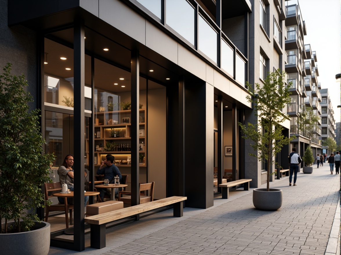 Prompt: Minimalist coffee shop facade, large glass windows, industrial metal frames, sleek wooden benches, low-maintenance plants, modern outdoor lighting, warm ambient glow, shallow depth of field, 3/4 composition, panoramic view, realistic textures, ambient occlusion, urban cityscape, busy street scene, morning sunlight, soft shadows, natural stone pavement, steel tables, minimalist chairs, geometric patterns, monochromatic color scheme, cozy atmosphere.