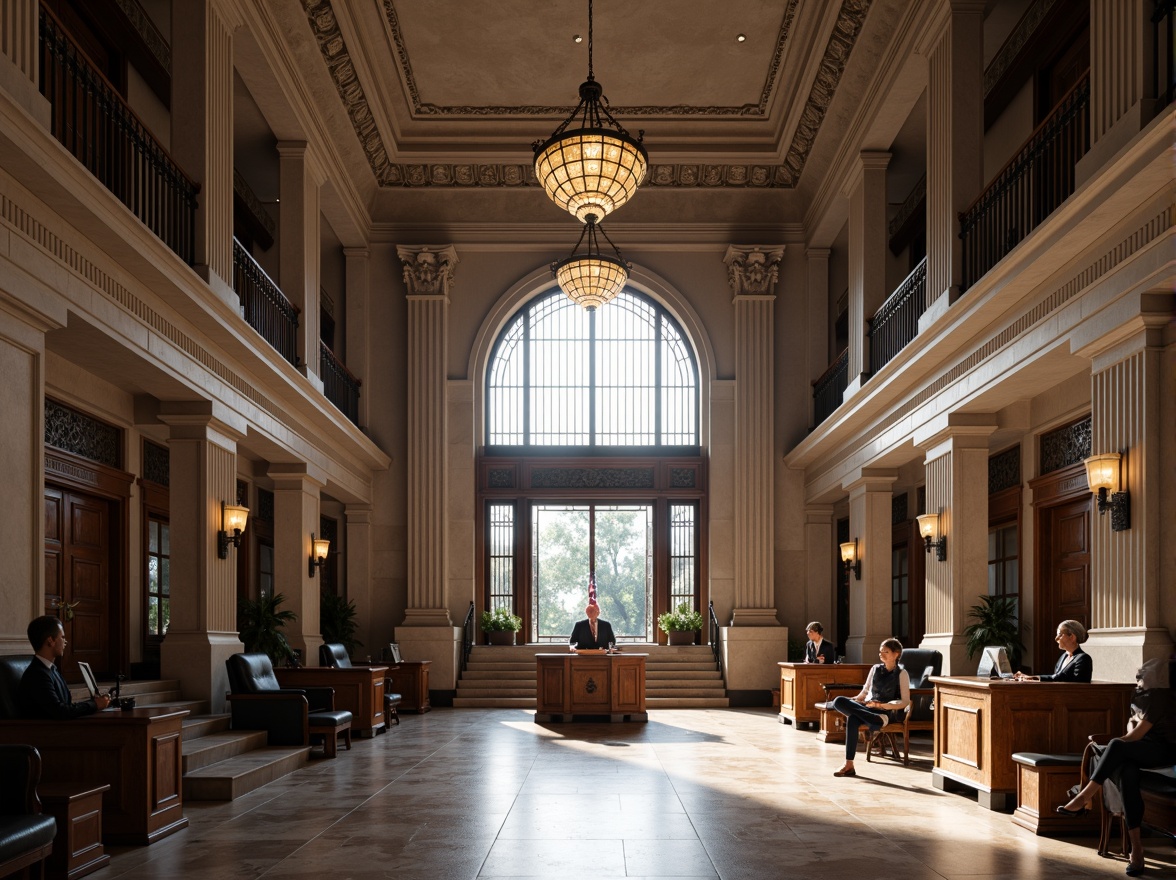 Prompt: Grand courthouse entrance, imposing stone columns, symmetrical fa\u00e7ade, ornate metal gates, spacious atrium, natural light pouring in, high ceilings, elegant chandeliers, polished marble floors, formal courtroom settings, wooden benches, judge's podium, witness stands, grand staircases, sweeping archways, neoclassical architecture, monumental scale, dramatic lighting, 1/2 composition, low-angle shot, realistic textures, ambient occlusion.