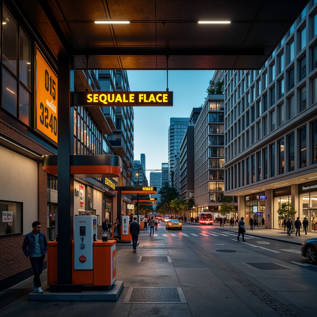 Prompt: Urban gas station, industrial chic, metallic accents, neon signage, bold typography, concrete flooring, steel beams, modern LED lighting, sleek fuel pumps, urban landscape, cityscape views, busy streets, morning commute, soft warm glow, shallow depth of field, 1/1 composition, realistic textures, ambient occlusion.