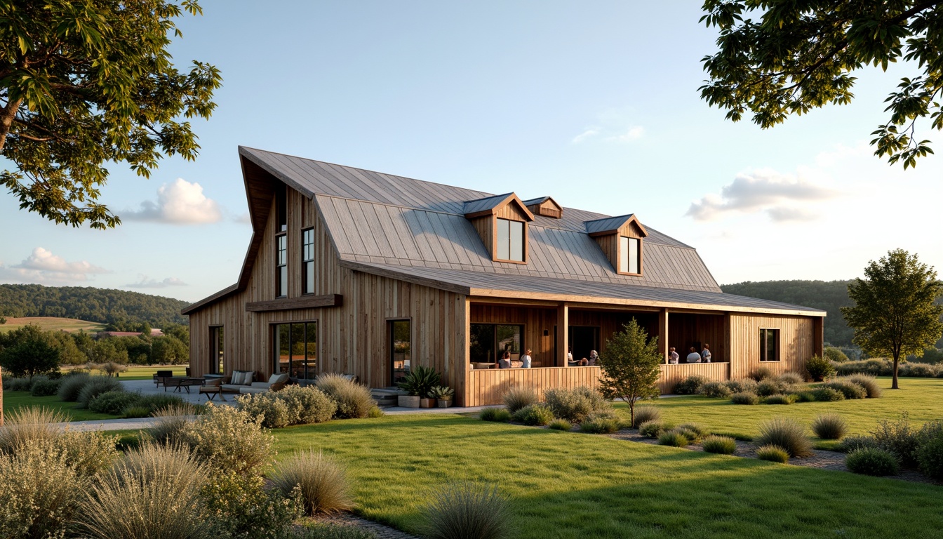 Prompt: Rustic barn, corrugated metal roofing, weathered wood accents, modern farmhouse style, asymmetrical rooflines, clerestory windows, natural light pouring in, reclaimed wood beams, earthy color palette, rural landscape, rolling hills, green pastures, sunny day, soft warm lighting, shallow depth of field, 3/4 composition, panoramic view, realistic textures, ambient occlusion.