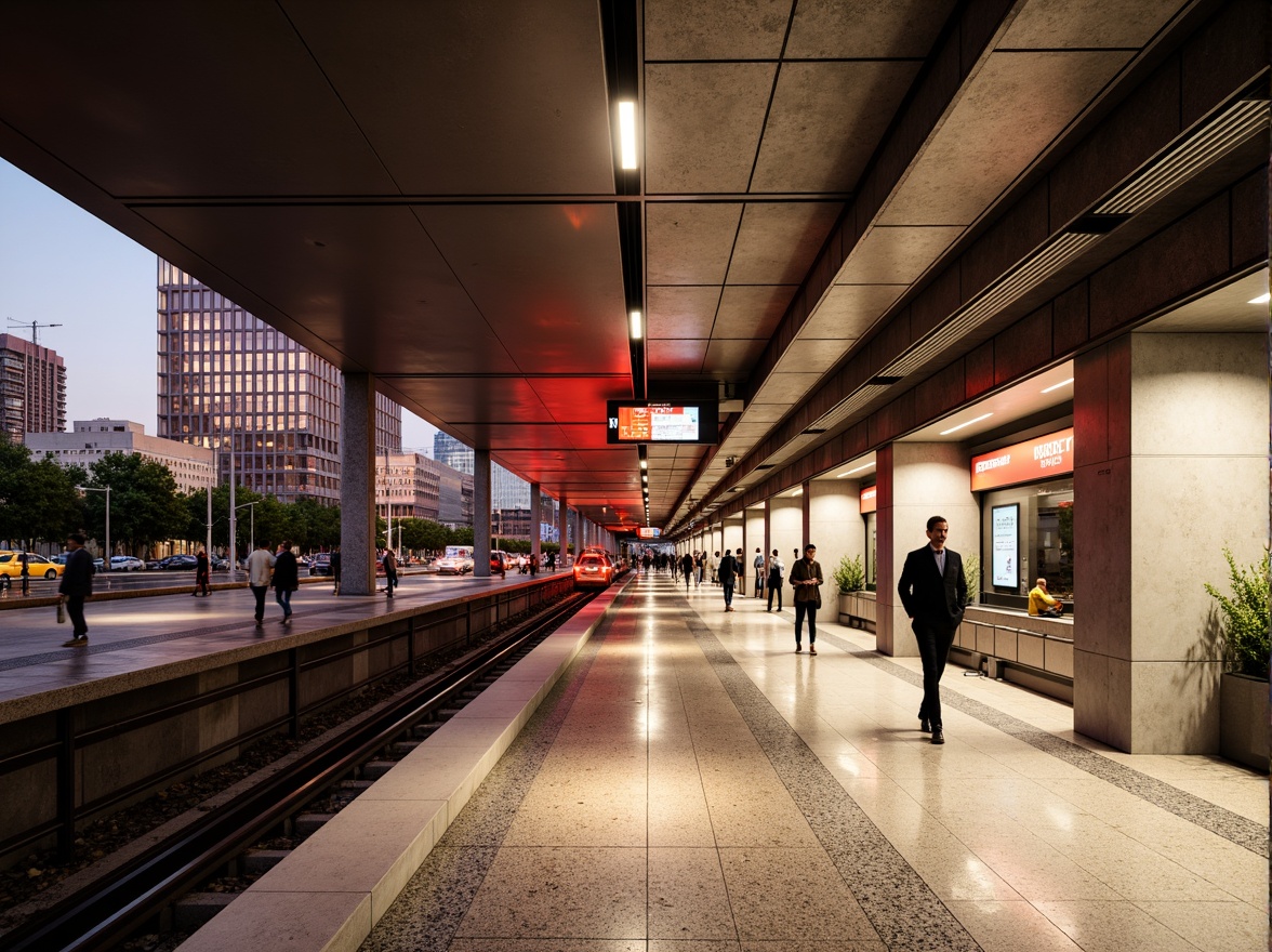 Prompt: Urban metro station, modern architecture, sleek metal columns, polished granite floors, stainless steel handrails, vibrant LED lighting, futuristic signage, dynamic digital displays, bustling crowd, rush hour atmosphere, warm beige tones, cool grey accents, bold red highlights, industrial chic aesthetic, exposed ductwork, concrete walls, urban landscape views, natural stone cladding, geometric patterned tiles, high-contrast color scheme, dramatic spotlights, 1/2 composition, cinematic lighting, realistic reflections.