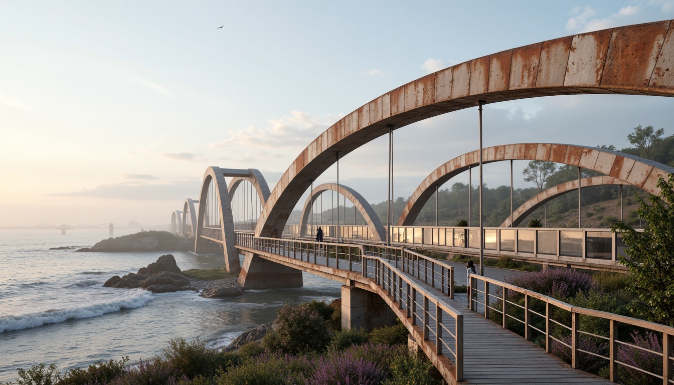 Prompt: Curved coastal bridge, sleek metallic structures, geometric shapes, intersecting arches, suspended walkways, ocean views, salty sea air, misty mornings, warm sunlight, soft shadows, 1/1 composition, symmetrical balance, minimalist aesthetic, weathered steel surfaces, rust-colored accents, nautical ropes, wooden planks, seagulls flying overhead, gentle waves crashing, shallow depth of field, realistic textures, ambient occlusion.