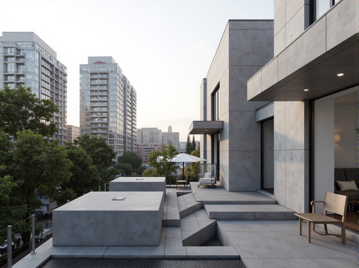 Prompt: Clean lines, minimal ornamentation, rectangular forms, flat roofs, large windows, sliding glass doors, industrial materials, exposed ductwork, functional simplicity, urban context, cityscape views, morning light, soft shadows, shallow depth of field, 2/3 composition, symmetrical balance, monochromatic color scheme, raw concrete textures, metallic accents, futuristic ambiance.