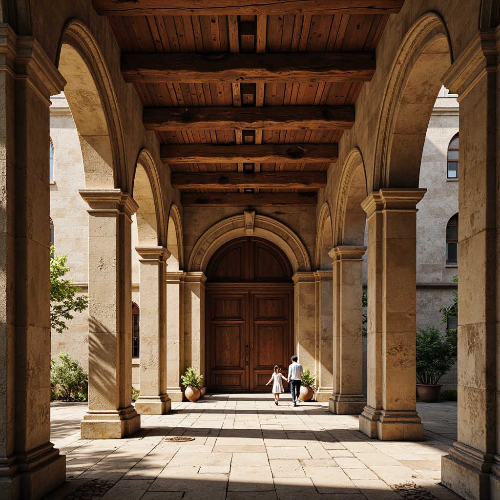 Prompt: Ancient bank building, Romanesque style architecture, robust stone columns, ornate capitals, rounded arches, vaulted ceilings, grand entrance, heavy wooden doors, intricate carvings, rustic stone walls, weathered fa\u00e7ade, historic significance, warm natural lighting, shallow depth of field, 1/1 composition, realistic textures, ambient occlusion.