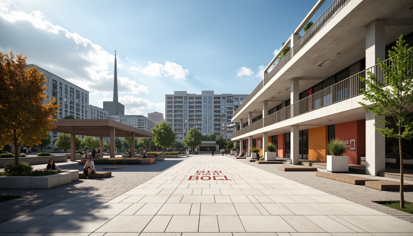 Prompt: Minimalist open plaza, clean lines, rectangular shapes, industrial materials, exposed ductwork, functional simplicity, bold typography, primary color accents, geometric patterns, urban landscape, modern cityscape, sunny day, high contrast lighting, deep depth of field, 1/1 composition, symmetrical framing, abstract textures, ambient occlusion.