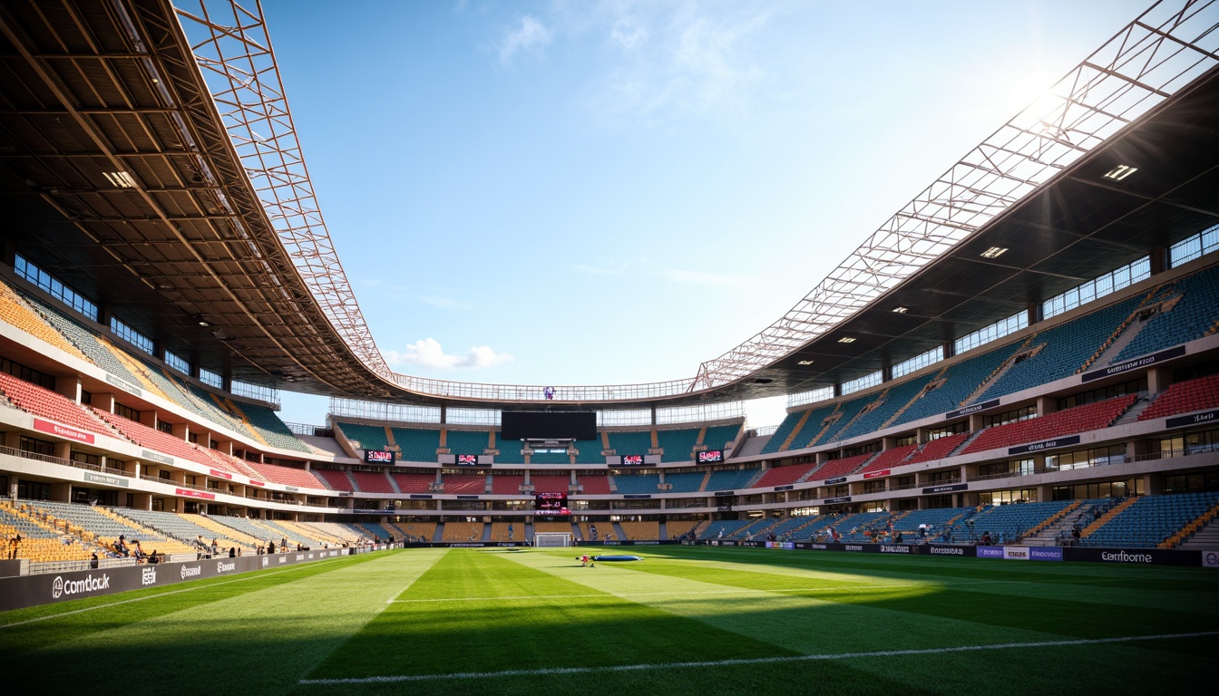 Prompt: Streamlined soccer stadium, curved lines, aerodynamic shapes, vibrant team colors, tiered seating arrangement, cantilevered roofs, sleek metal structures, polished concrete floors, modern LED lighting, dynamic scoreboard displays, lush green grass, sunny day, soft warm lighting, shallow depth of field, 3/4 composition, panoramic view, realistic textures, ambient occlusion.