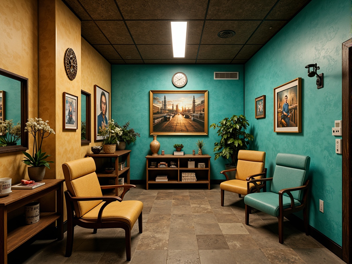 Prompt: Vibrant clinic, bold turquoise accents, warm beige walls, rich wood tones, eclectic art pieces, ornate metal fixtures, distressed finishes, abstract patterns, moody lighting, dramatic shadows, cinematic composition, 1/2 camera angle, high contrast ratio, gritty textures, ambient occlusion.