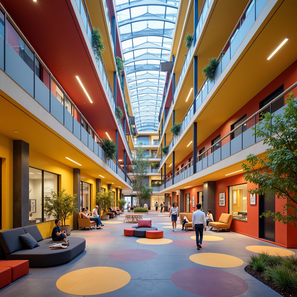 Prompt: Vibrant student halls, modern architectural design, bold color scheme, energetic atmosphere, youthful vibe, bright corridors, lively common areas, cozy study nooks, warm lighting, comfortable furniture, natural wood accents, calming greenery, playful patterns, geometric shapes, contrasting textures, dynamic visual interest, 3/4 composition, shallow depth of field, realistic rendering.